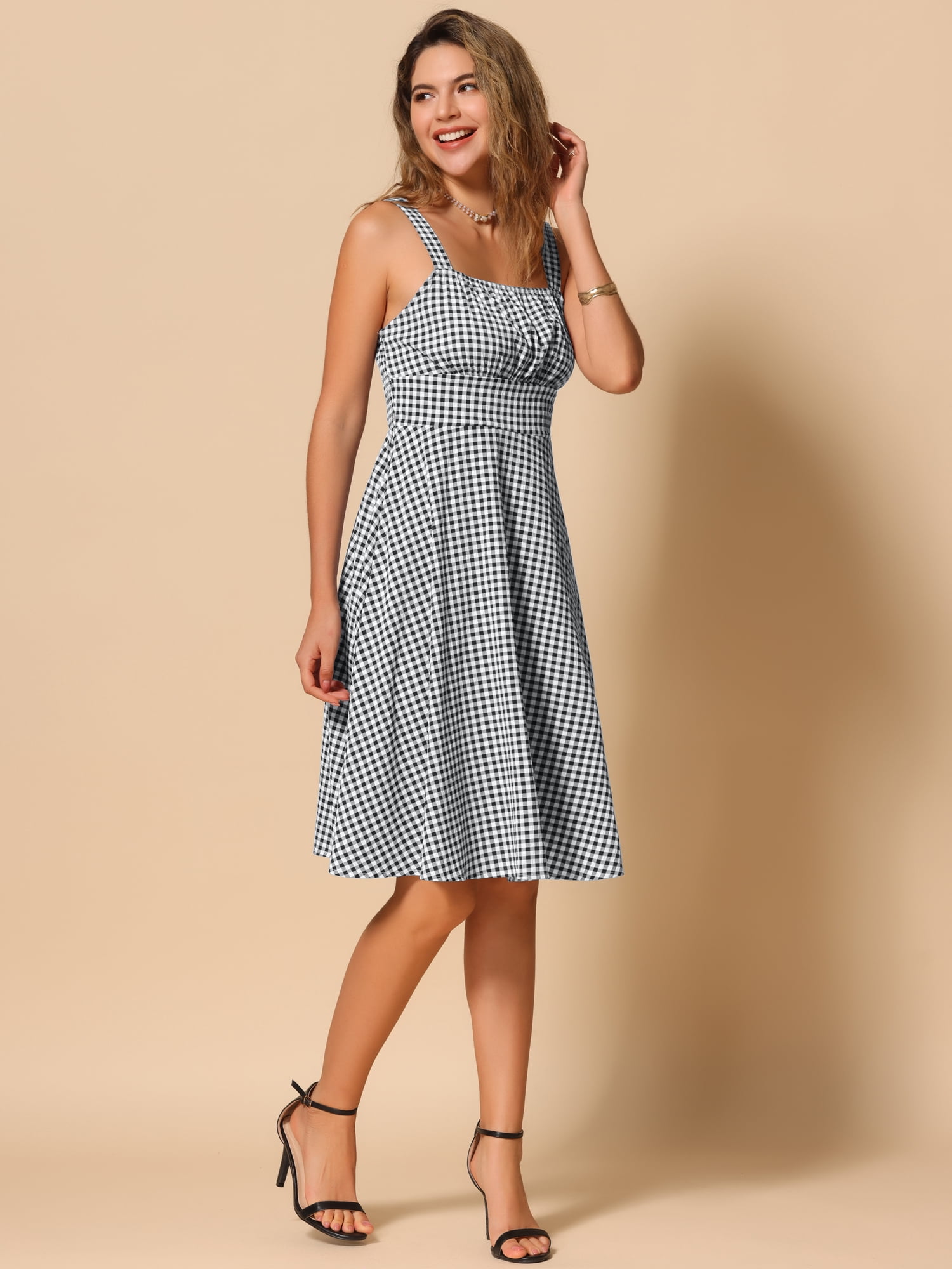 DARING DIVA Sleeveless Plaid Ruched A-Line Flowy Midi Dress S Black