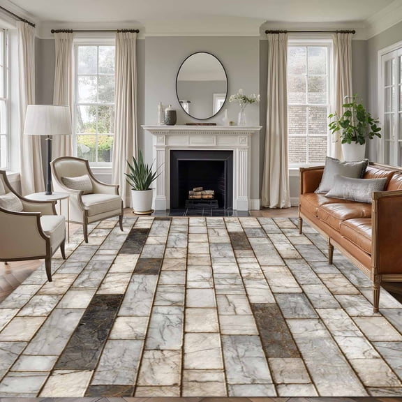 Large Area Rugs for Living Room Bedroom, Beige Brown Marble 6'x9' Rug Washable Carpet Runner Indoor Outdoor, Simple Vintage Brick Stone Wall Non Slip Floor Mats Rug for Kitchen, Playroom