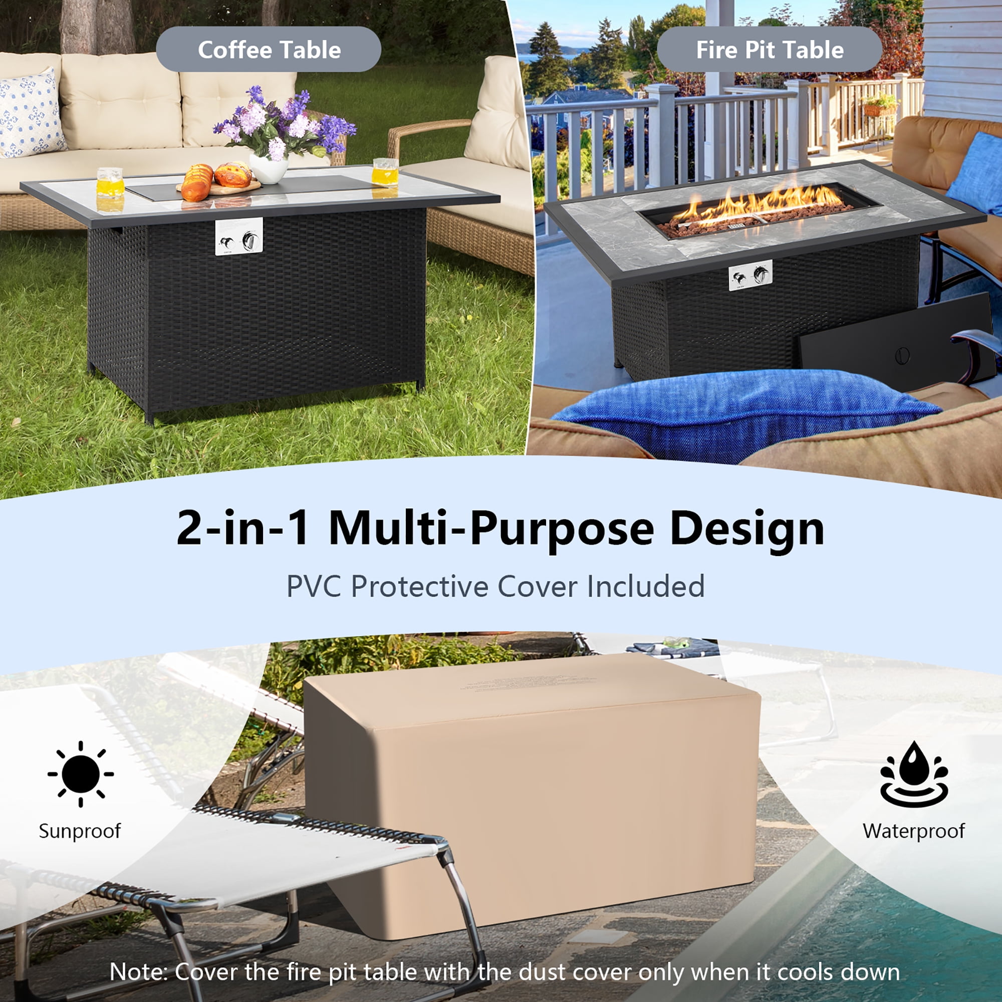 Costway 52'' Propane Fire Pit Table Marble Tabletop Rattan Wicker w/ Rain Cover Lava Rock