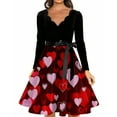 thumbnail image 3 of Valentines Day Dresses Fit and Flare Dress with Heart Print Pattern Ribbon Waist for Women Vintage Red 2XL, 3 of 4