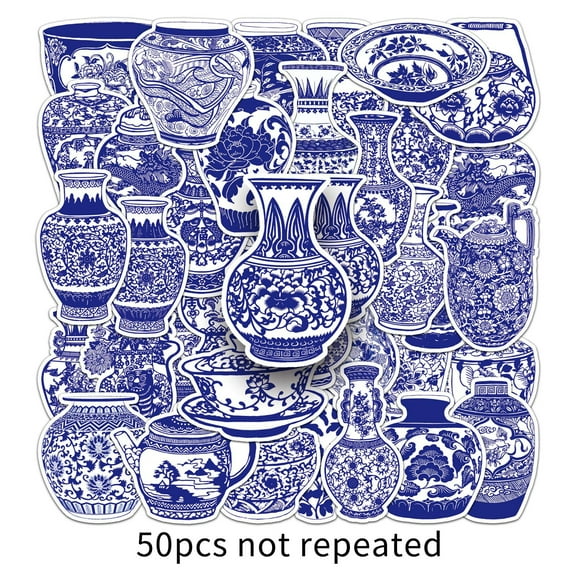 100-Pack Blue-and-White Porcelain Stickers, Chinese Chinoiserie Aesthetic Waterproof Vinyl Decals for Skateboard, Luggage, Water Bottle, Laptop & Journal