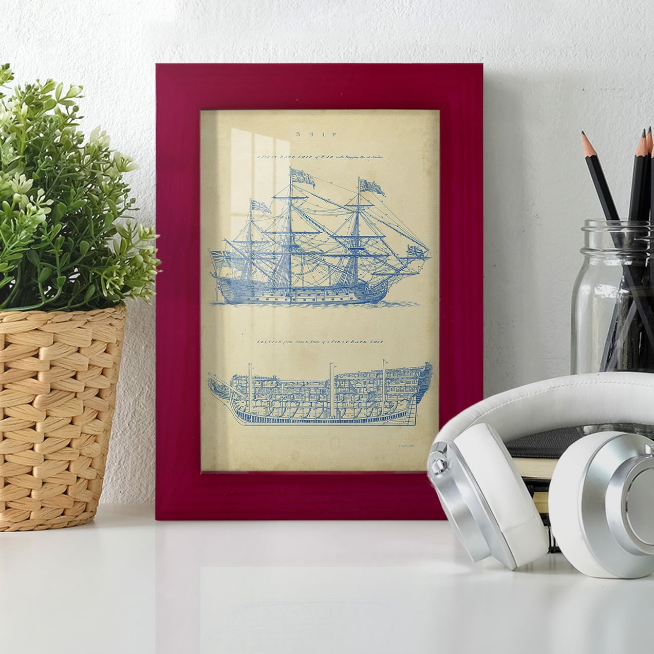 Vintage Ship Blueprint -Framed Print w/glass-Cherry Red