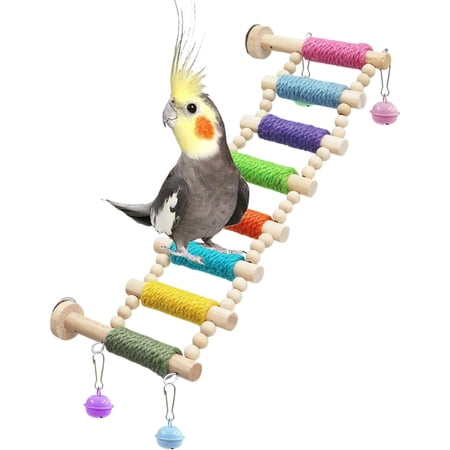 Bird Cage Accessories, Wooden Bridge with Colorful Rope Steps, Bird Climbing Ladder Perch for Budgies, Cockatiels, Lovebirds, Quakers, Green Cheeks, Other Small to Medium Birds
