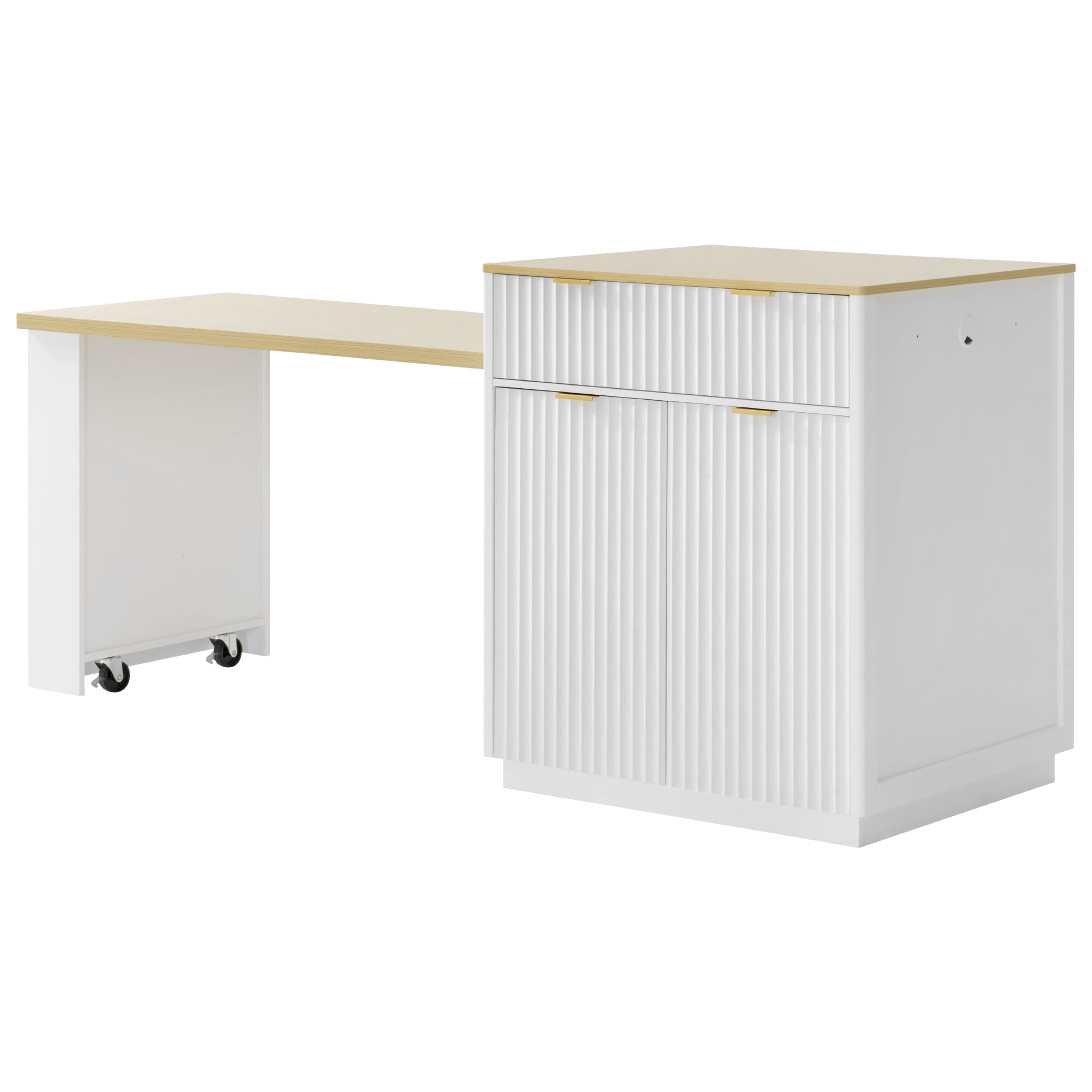 Euroco 82.6" Fluted Kitchen Island with Extendable Dining Table for 4-6, Island Table for Kitchen with Power Outlet, Kitchen Table with Double-Side Storage, 2 Drawers 2 Side Open Shelves