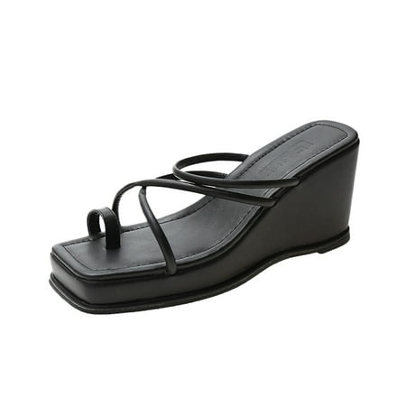 

New Summer Slippers With Square Toe And Narrow Slope Heel Pu sneakers for Women Black