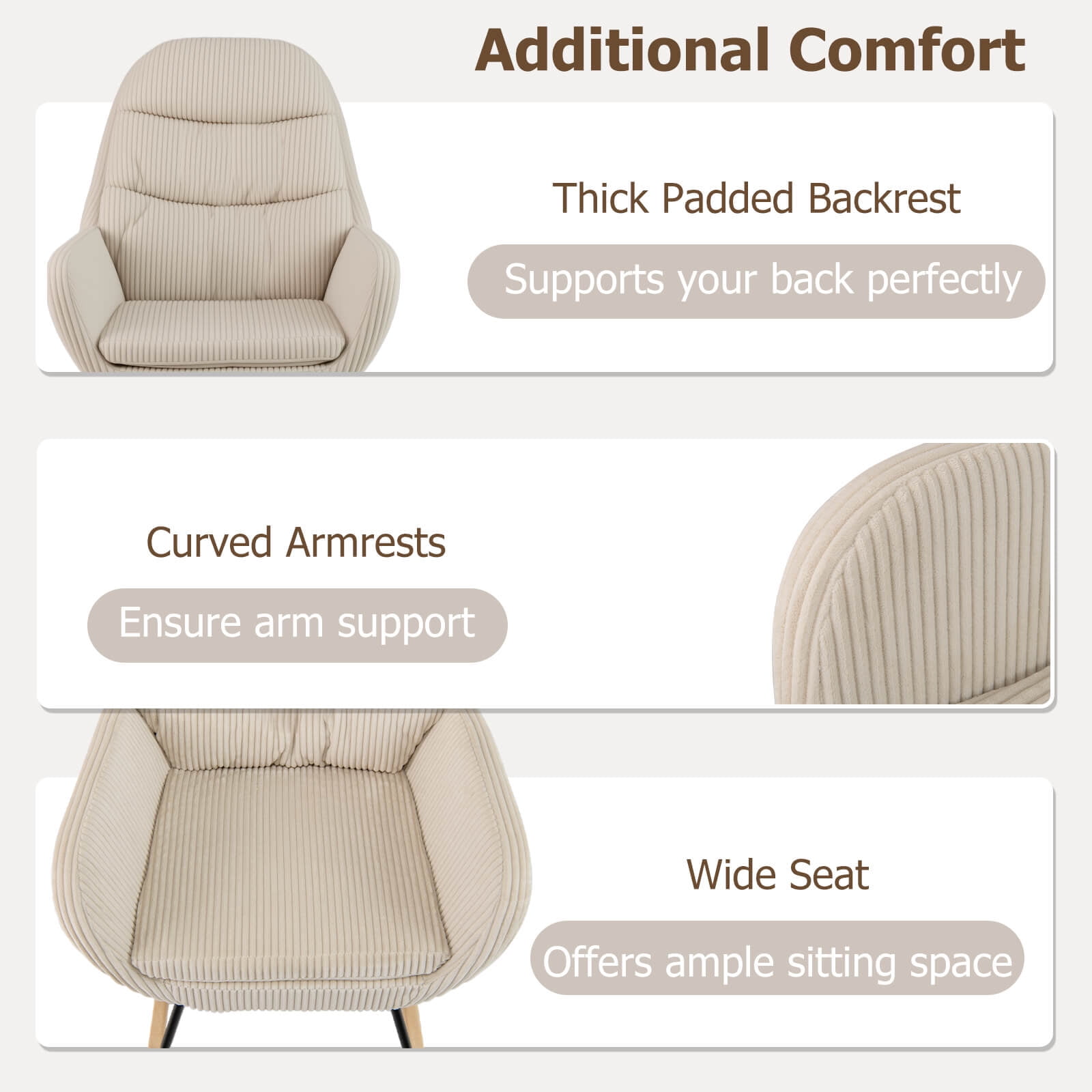 Costway 1 PCS Upholstered Rocking Chair with Padded Backrest & Seat Rubber Wood Feet Metal Frame