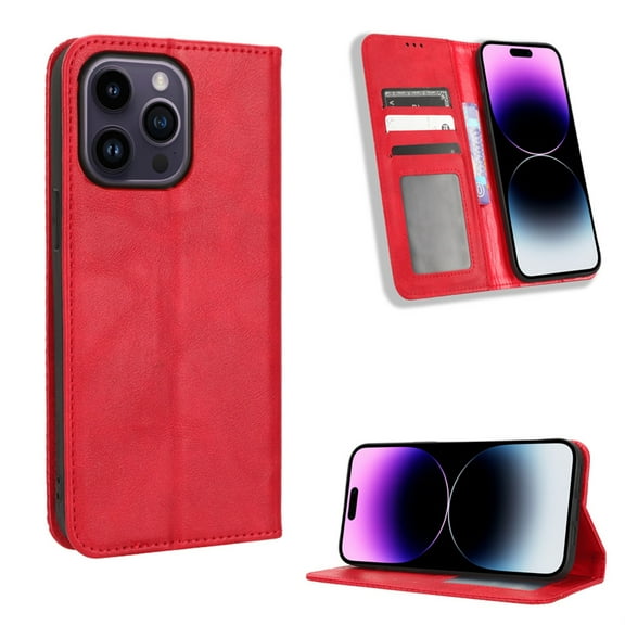 SaniMore iPhone 14 Pro 6.1" 2022 Case, Magnetic Folio PU Leather Cover with Card Slots Cash Pocket Stand Feature Full-body Protctive Shockproof Anti-fall Business Wallet Retro Shell, Red
