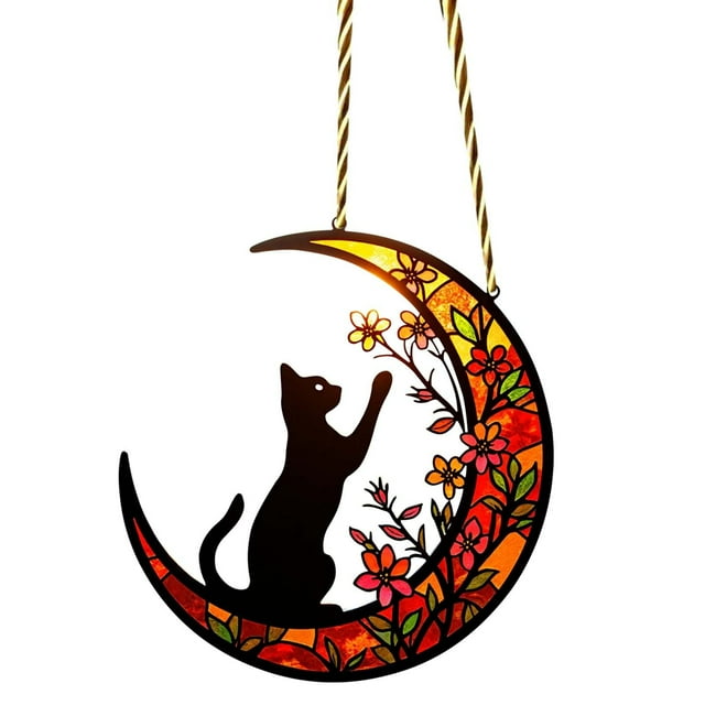 Colgante de Vitral con Gatitos | Gato Colorido Hecho a Mano Sentado En Una Luna Creciente con Flores | Atrapasueños Decorativo para Decorar El Hogar | Decoración Artística para Ventanas