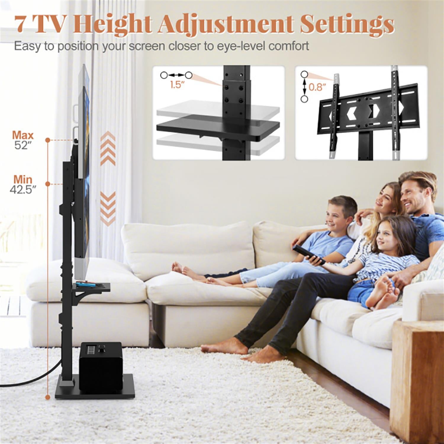 Demi Bonn Universal Tilt TV Stand Base with Height Adjustable Floor, Power Outlet and Adjustable AV Shelf, for Media Storage and Space Saving, Black