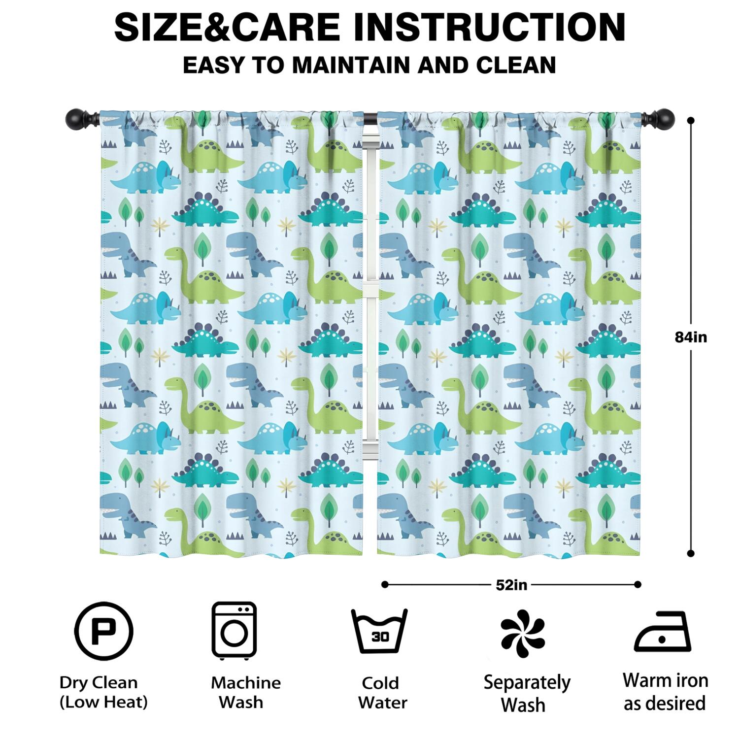 Blackout Kids Curtains,LightBlue Cartoon Dinosaurs Trees Pattern Childrens Insulated Curtains Set Of 2,Bedroom Essentials,Toddler Room Decor 52"x84"