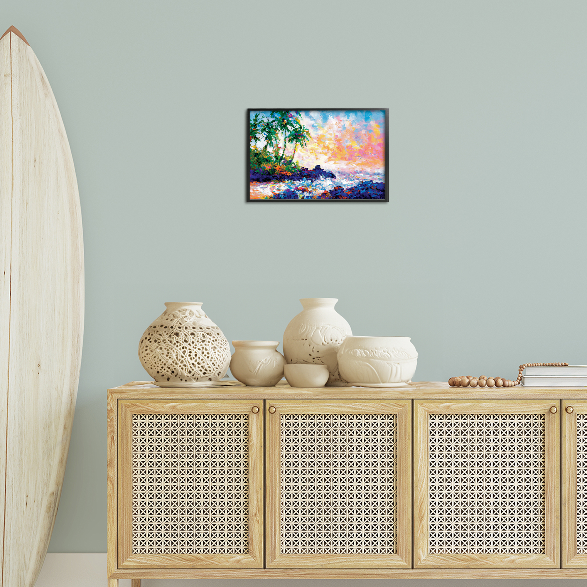 Stupell Industries Waves on Tropical Beach Landscape Painting Black Framed Art Print Wall Art, 18 x 12