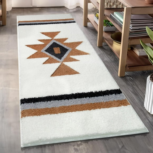 TANVILL Boho Bath Rug, Non-Slip Shaggy Soft Absorbent Large Carpet for Shower Entryway, White 24x47