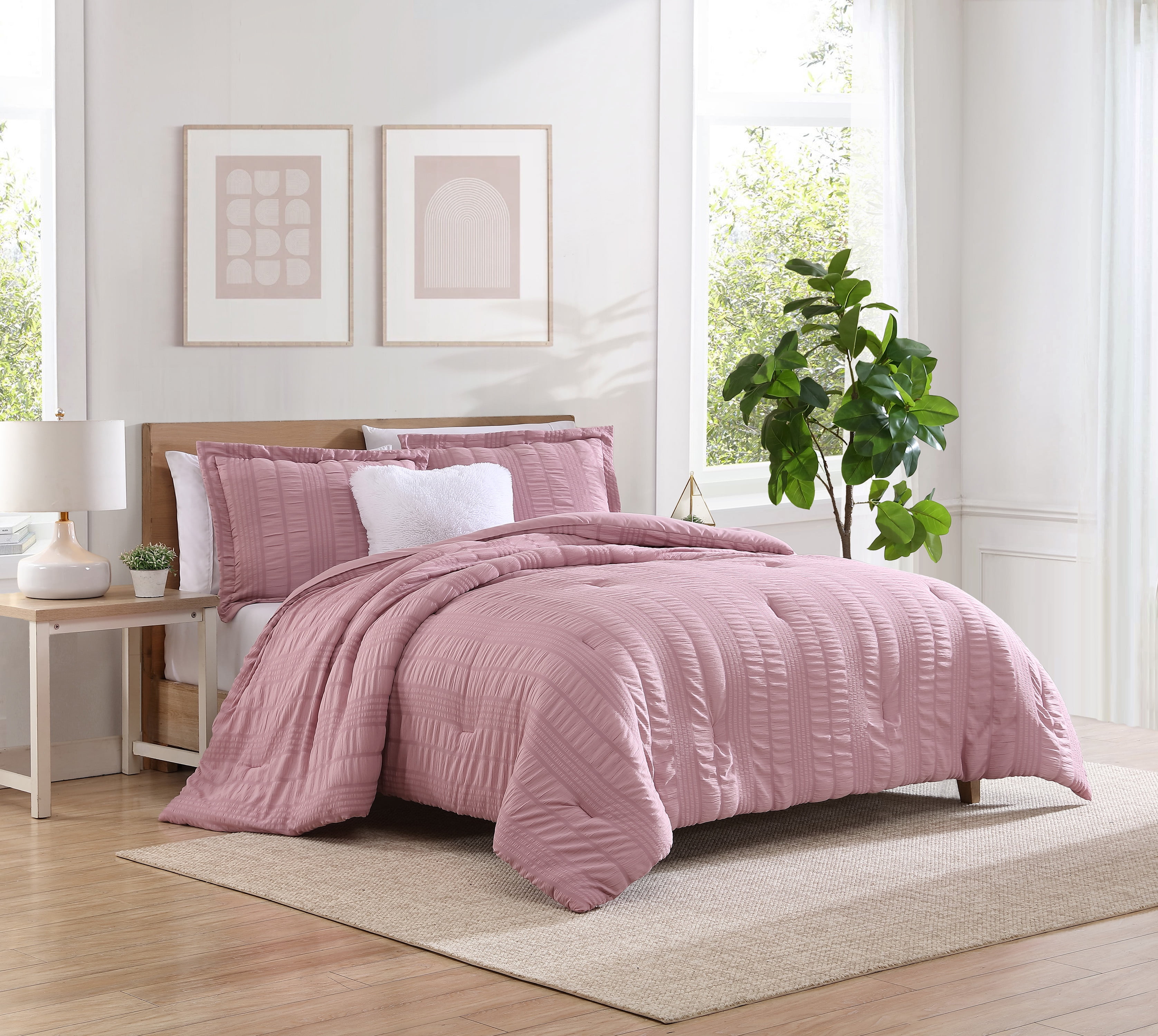 CEDAR COURT Morgan Textured Seersucker Stripe Rose 2-Piece Soft Polyester Seersucker Comforter Set - Twin