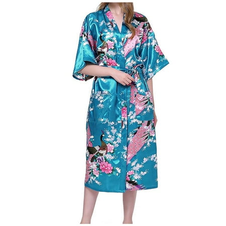 

Women Bathrobes Peacock Kimono Long Dressing Gown Japanese Robe Dress Silk nightgown imitation silk peacock print long nightgown loungewear belt nightdress nightgown blue XXL