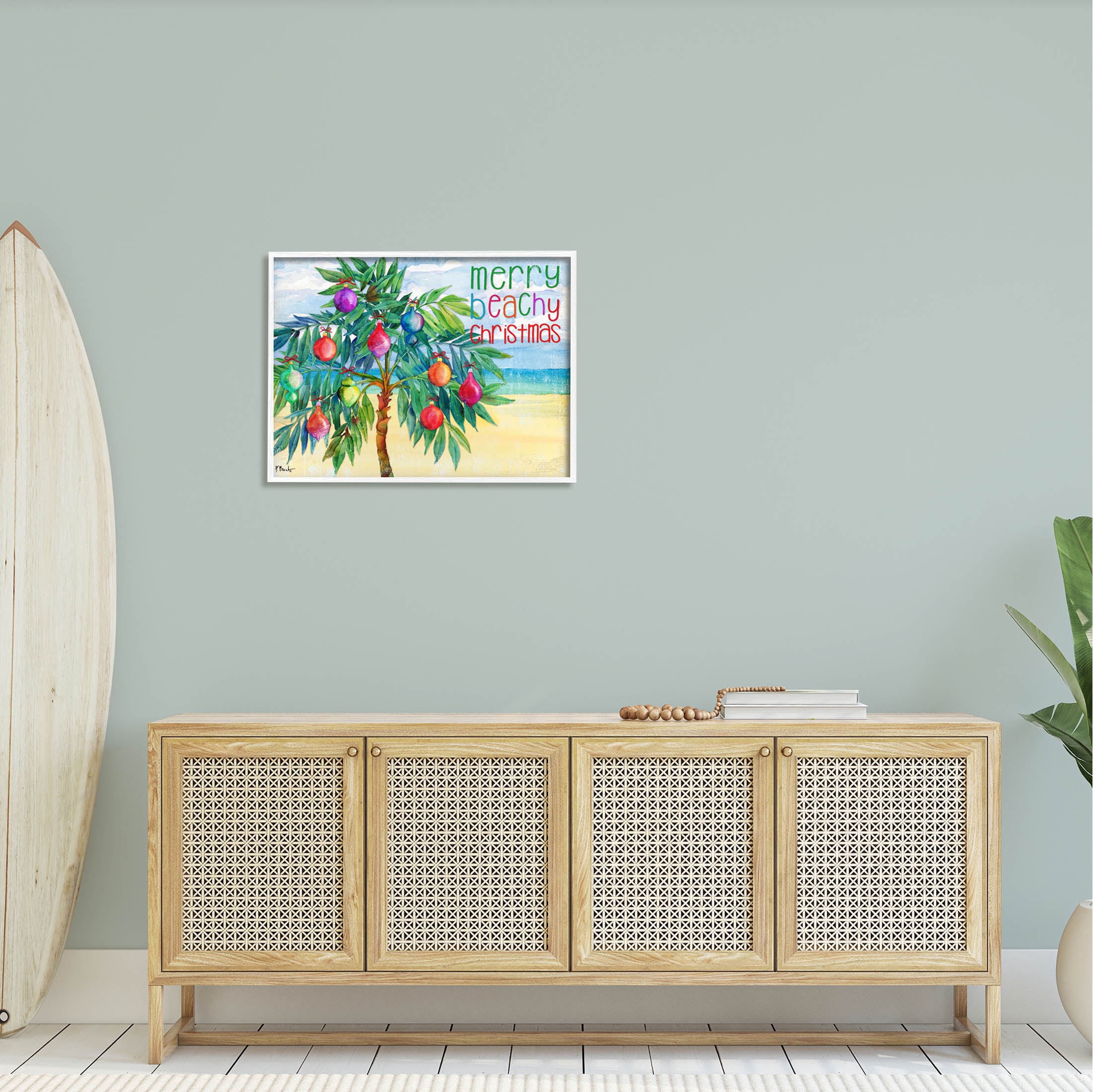 Stupell Industries Merry Beachy Christmas Holiday Palm Graphic Art White Framed Art Print Wall Art, Design by Paul Brent
