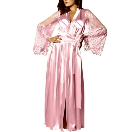 FAFWYP Women Satin Silk Long Pajamas High Cut Lace Mesh Long Flared Sleeves Long Kimono Lingerie Babydoll Nightgown Sexy Robe Cover ups Nightdress