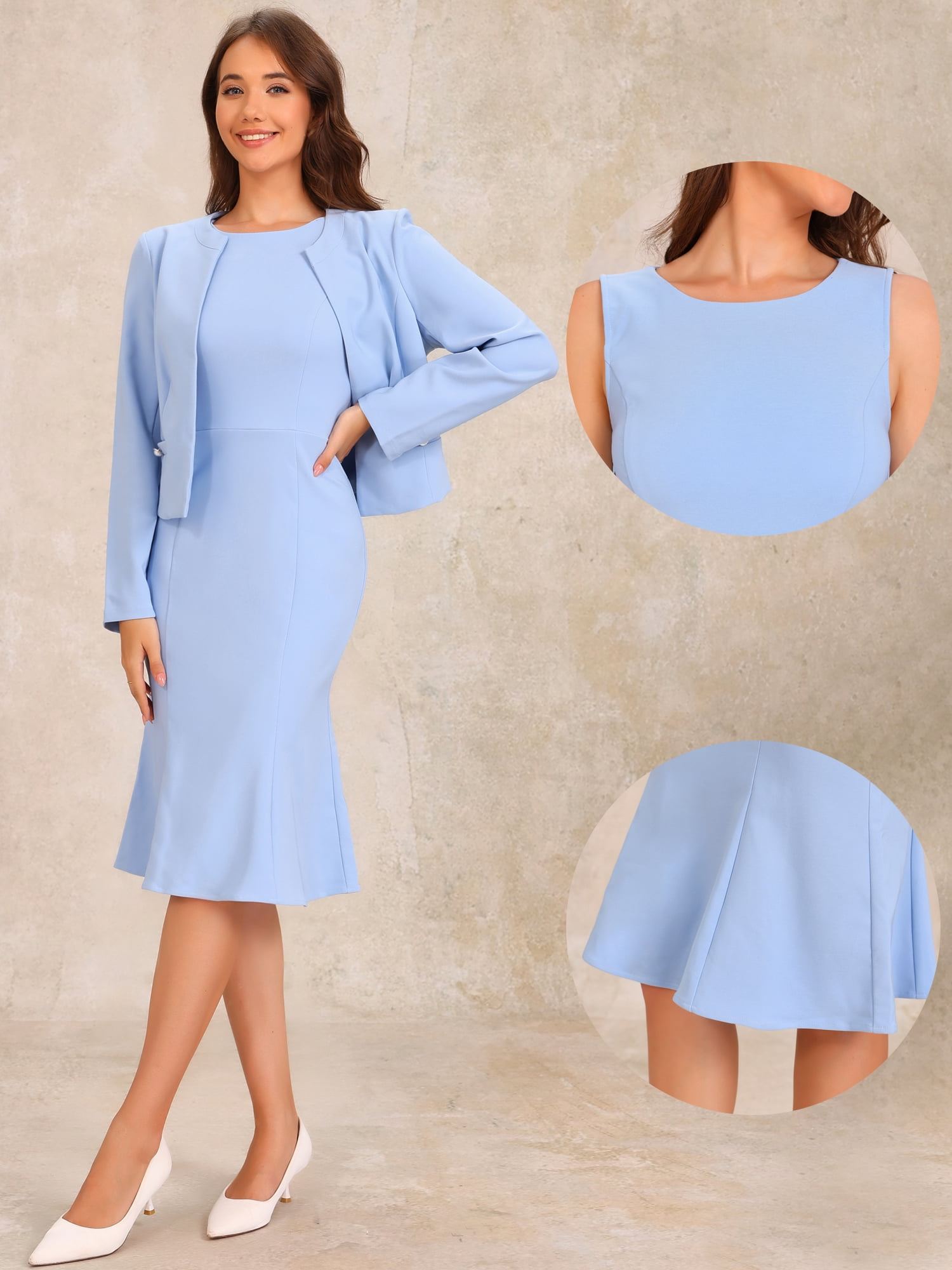DARING DIVA Women's 2Pcs Suit Sleeveless Dress Crop Blazer Set XS Light Blue