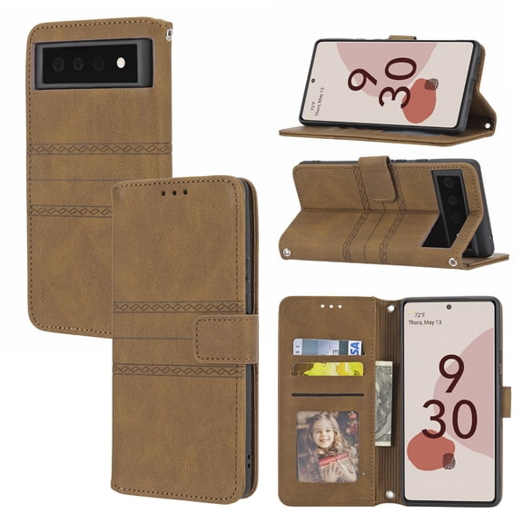 For Google Pixel 6 Flip Case, Premium PU Leather Folio Flip with Design Card Slots Wrist Strap Shockproof Kickstand Magnetic Protective Girls Cover For Google Pixel 6, Brown