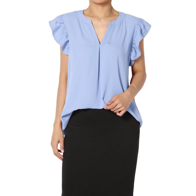 TheMogan Women's S~3X Ruffle Flutter Sleeve Split Neck Hi Low Hem Relaxed Blouse Top