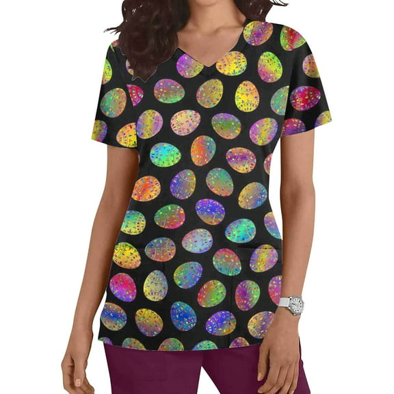 EQWLJWE Easter Printed Scrub Top for Women Eggs Nurse Uniform V Neck Working Uniform Medical Fun Shirt Holiday 2 Pocket Workwear Black(S-2Xl)