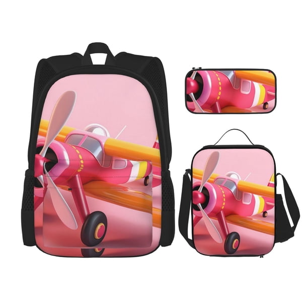 Easygdp Colorful Cartoon Biplane Mochila para Niños y Niñas con Set de Caja de Almuerzo y Estuche para Lápices 3 en 1, Mochila Escolar Estampada para Adolescentes