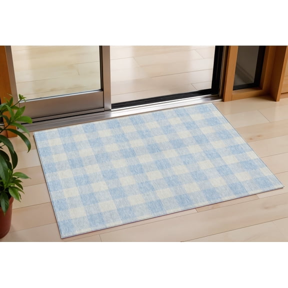 HomeRoots 595433 3 x 5 ft. Sky Blue & Gray Plaid Washable Indoor & Outdoor Rectangle Area Rug