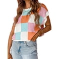 thumbnail image 2 of Color Block Women Casual Knit Tops Short Sleeve Crewneck Crop Tops, 2 of 4