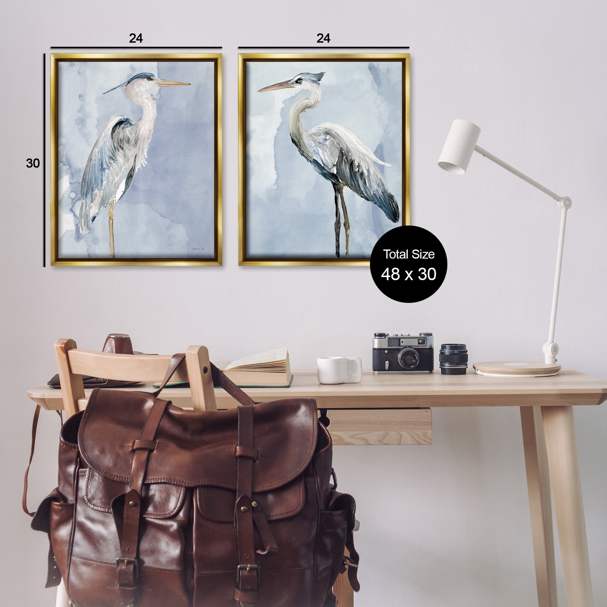 Stupell Industries Heron Birds Standing Blue Sky Animals & Insects Painting Gold Floater Framed Canvas Art Print Wall Art, 25 x 31, Set of 2