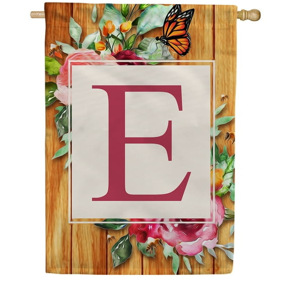 America Forever Spring Monogram House Flag Letter E 28 x 40 inches Double Sided Vertical Outdoor, Yard, Lawn, Seasonal Decorative Flowers Bees and Butterflies Summer House Flag