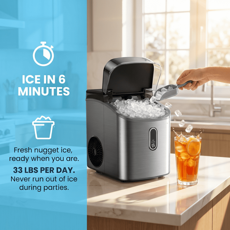 Countertop Nugget Ice Maker with Soft Chewable Pebble Ice, One-Touch Operation, Self-Cleaning Ice Machine, 33 lbs Daily Output, Stainless Steel Finish for Home, Kitchen, and Bar