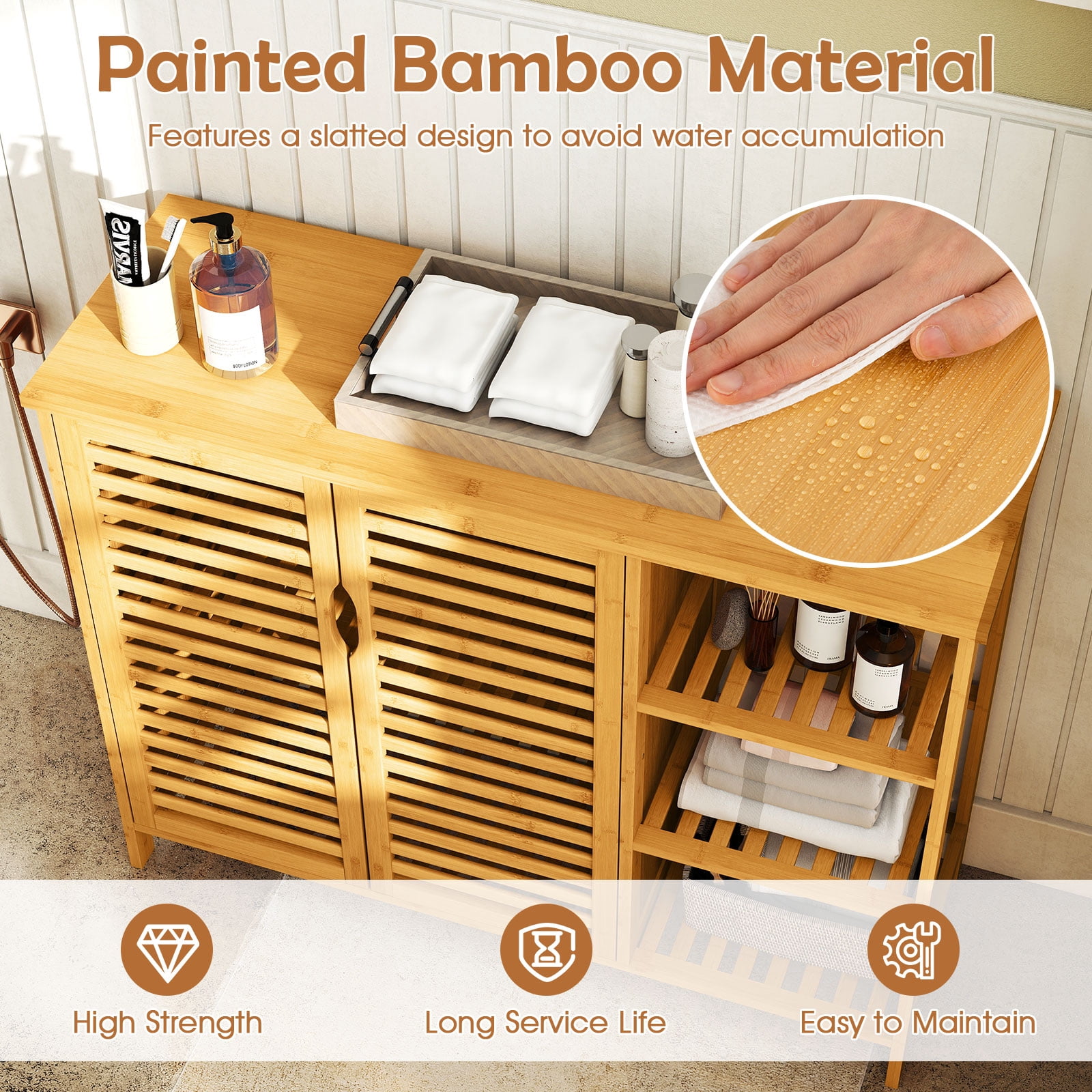 Giantex Bamboo Bathroom Cabinet, Freestanding Storage Unit w/3-tier shelf, 2-Door Storage Organizer Slatted Floor Cupboard