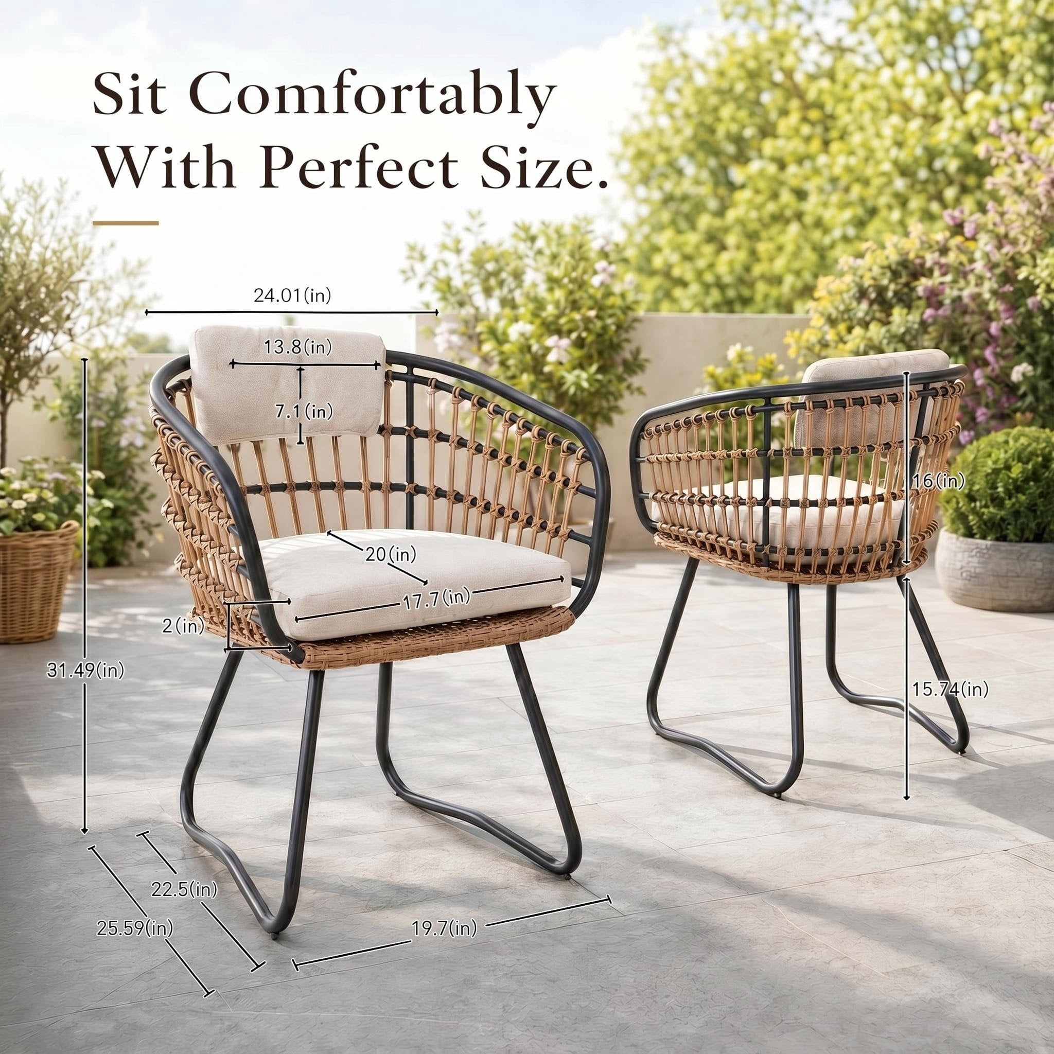 HOQBN Outdoor Dining Chairs Set of 2 with Cushions,All-Weather Rattan Wicker Dining Armchairs for Lawn, Garden, Poolside, Backyard,Beige