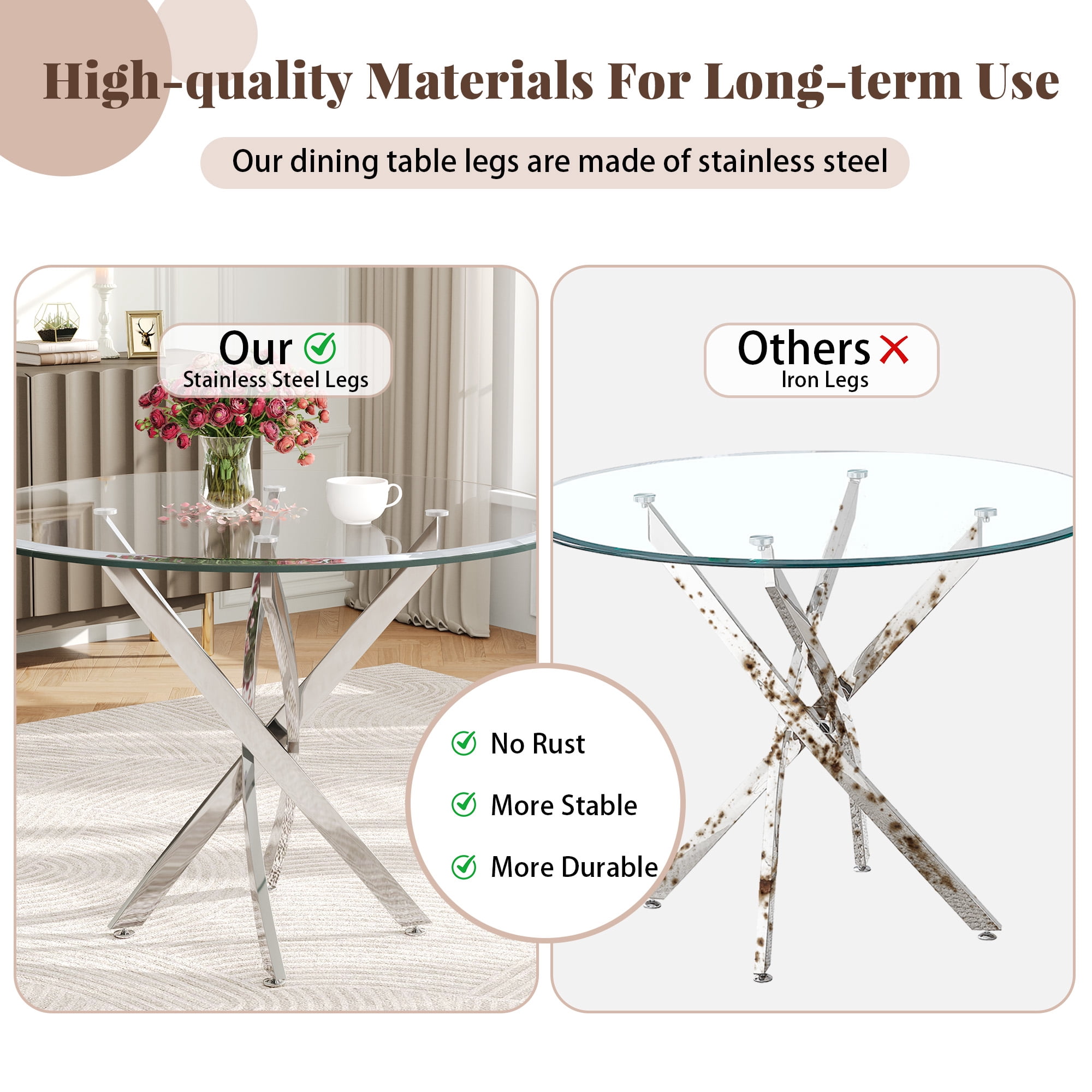36" Round Glass Dining Table with Stainless Steel Legs, Modern Small Kitchen Table with Tempered Glass Top for Dining Room, Apartment, Kitchen