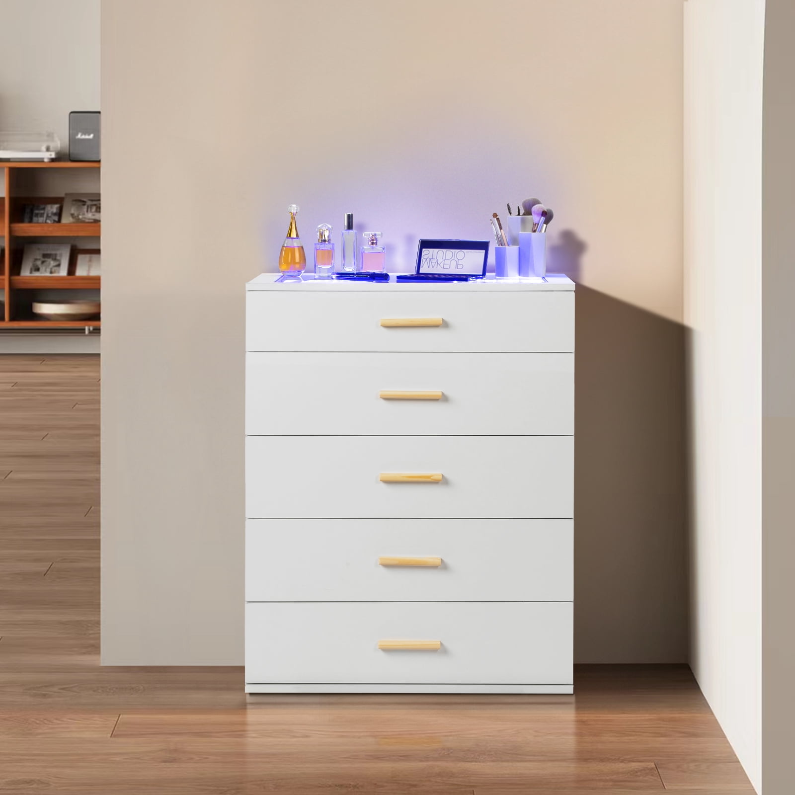Bedside Table Dresser Nightstand Particleboard Wood Three Drawers With LED Light, White