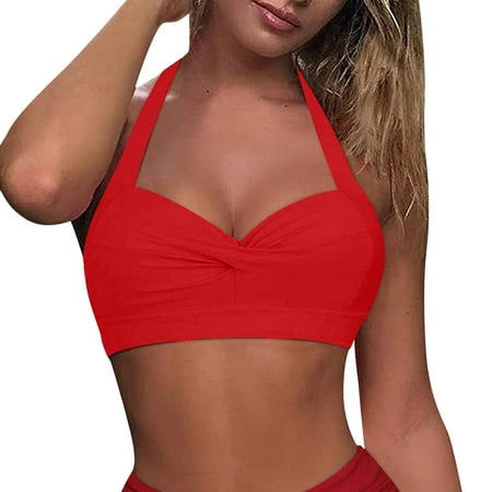 Women s Swimsuit Tops Lace Up Push Up Swim Halter Retro Bathing Suit Padded Only Bikini Top
