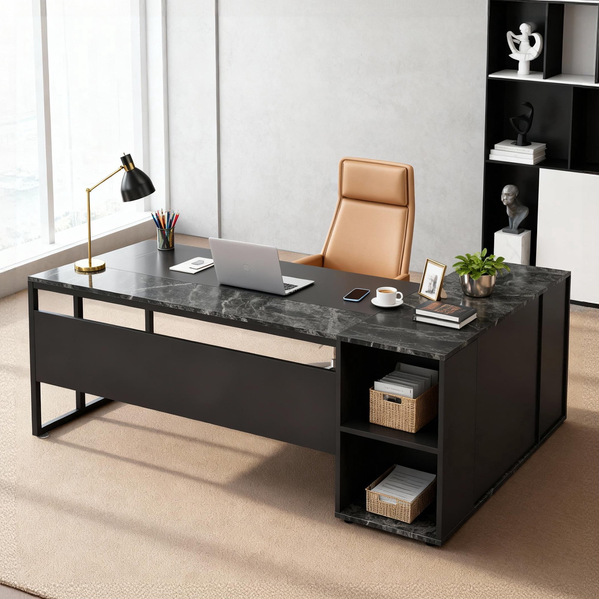KIOOTTO 71" L-Shaped Executive Desk with Storage Cabinet, Printer Stand and CPU Stand, Black Corner Computer Desk