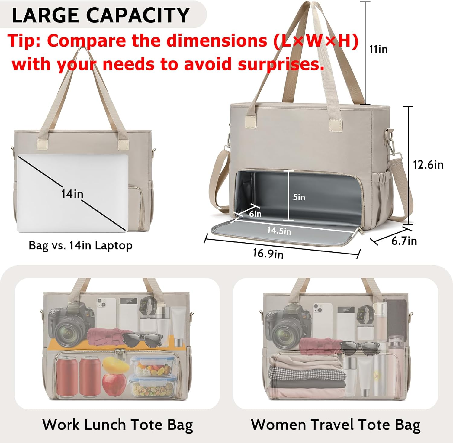 Mirlewaiy 2-in-1 Lunch & Laptop Tote Bag 15.6" Work Bags for Women Polyester Casual Teacher Nurse Bag Laptop Briefcase-Khaki