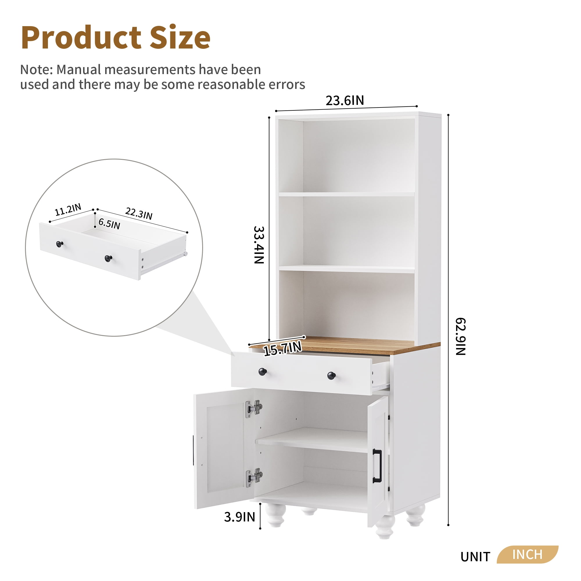 Euroco Farmhouse Tall Storage Cabinet with Drawer & Adjustable Shelves, Free-Standing Pantry Cabinet with Gourd Legs,Kitchen or Entryway,White