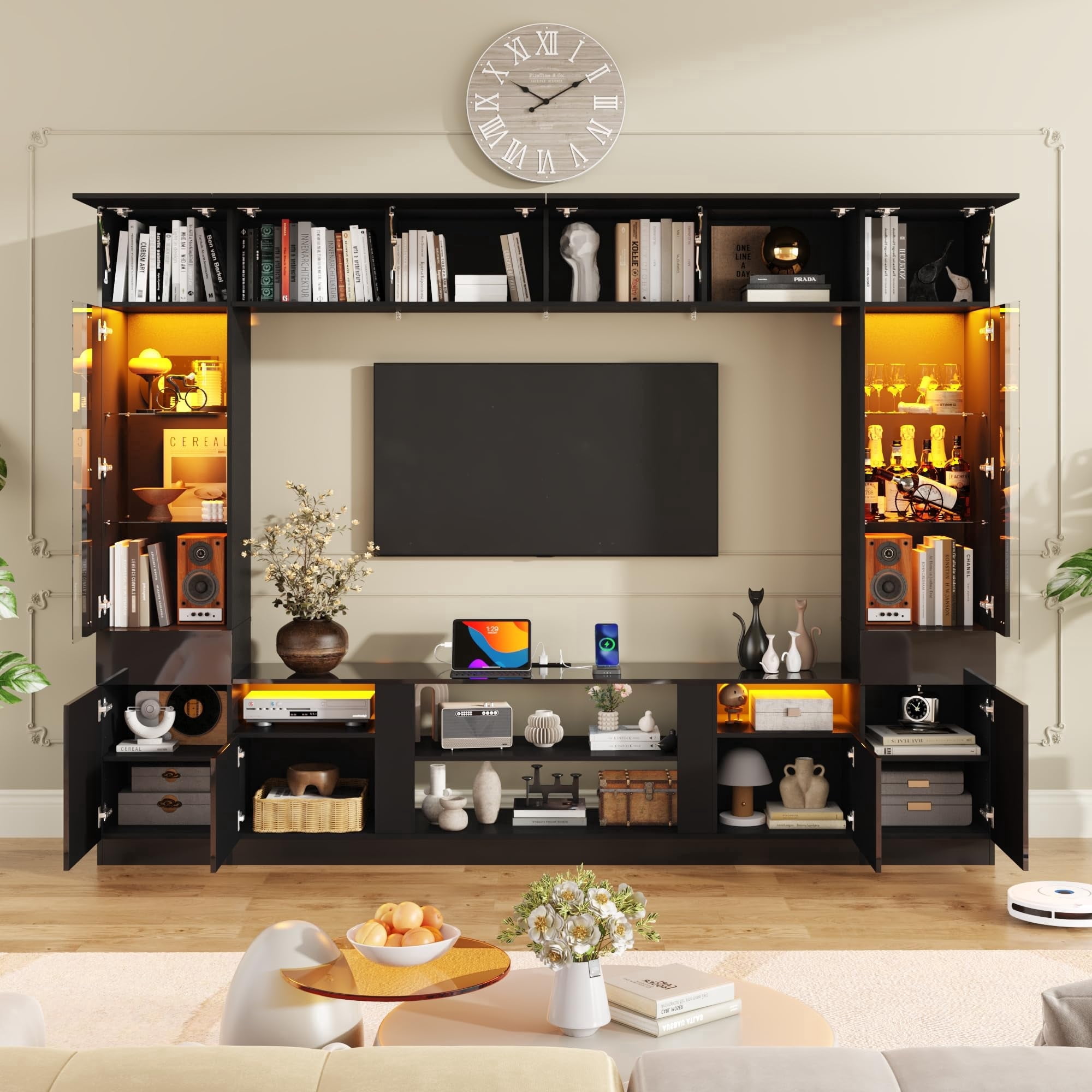 ANPOO 107" Large Wall Unit Entertainment Center with Bookshelves & LED Lights and Storage Shelves, Modern High Glossy TV Stand Media Console Table with Bridge Cabinet for Living Room & Home Theater