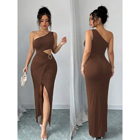 Brown Womens One Shoulder Long Dress With Waist Cutout Ring Detail
