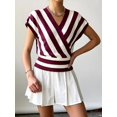 thumbnail image 6 of Women Tops Cap Sleeve Dressy Casual V Neck Stripe Shirts Summer Business Work Blouses Outfits Wine Red L, 6 of 9