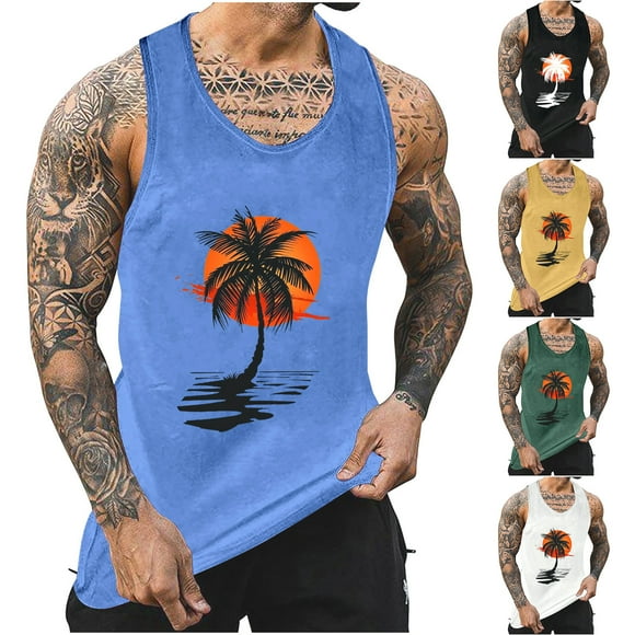 Pvkarhg Men's Graphic Tank Tops Big and Tall Summer Crew Neck Sleeveless Shirts Tropical Print Tanks Lightweight Beach Vacation Tank Top Black M