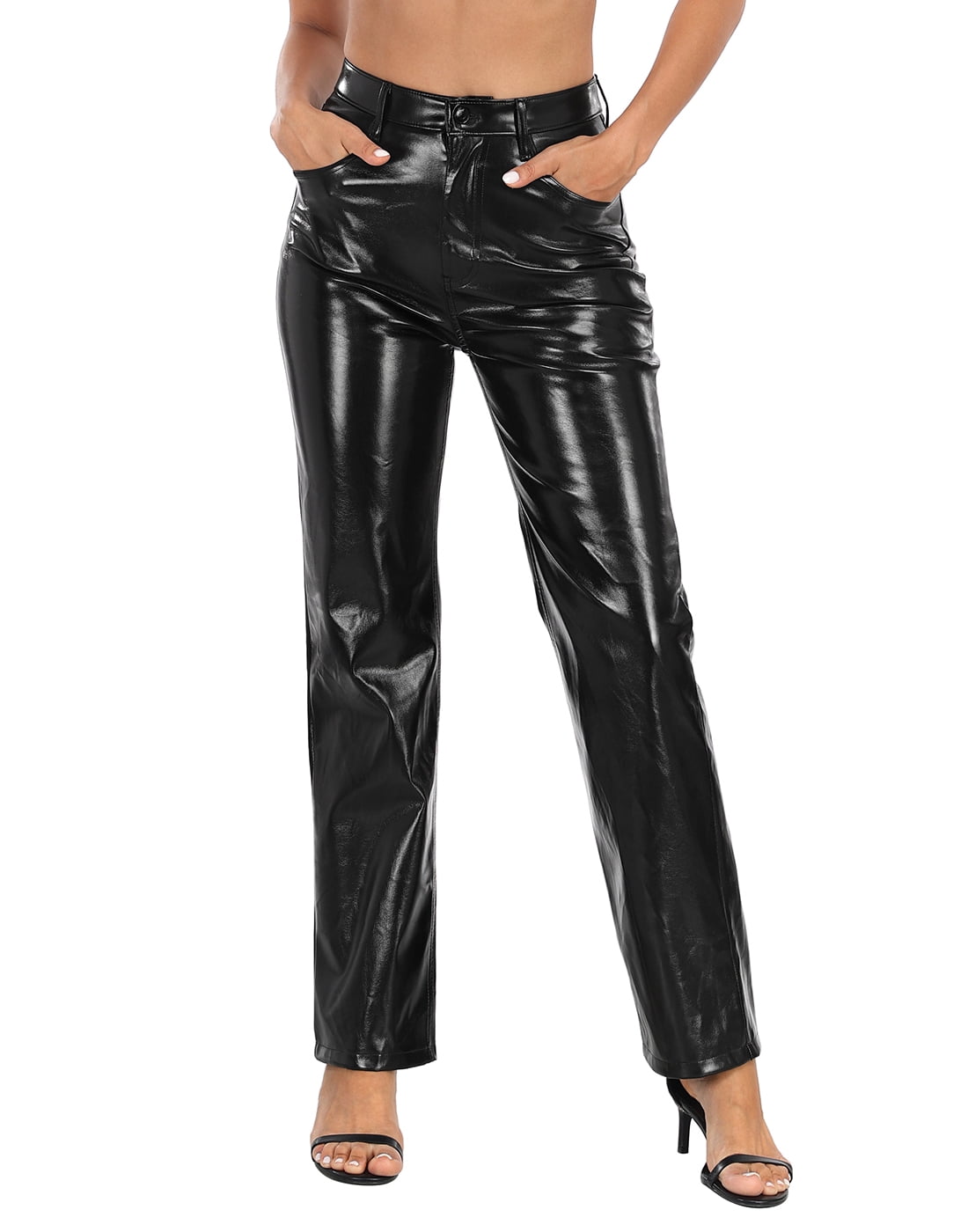 HDE Women's Metallic Faux Leather Pants High Waisted Trousers Black 16