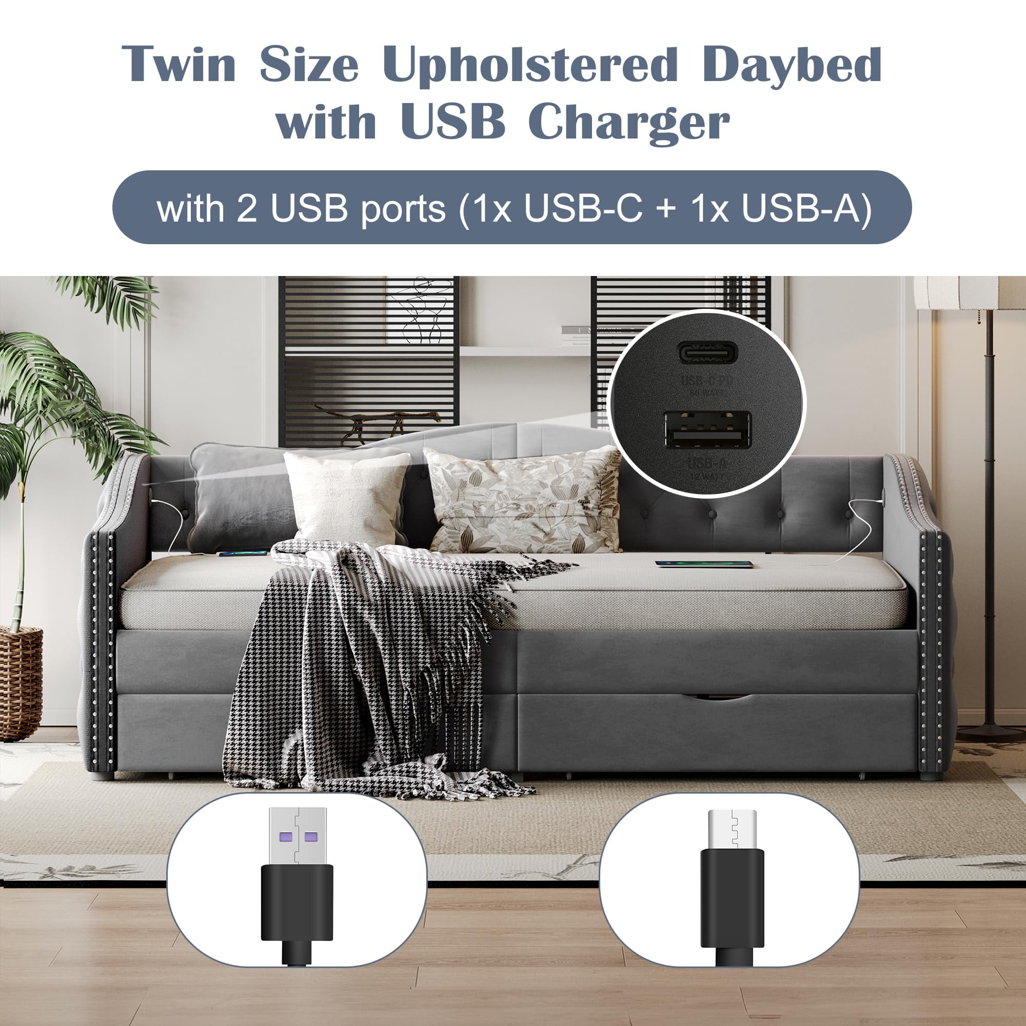 Miniyam Twin Upholstered Daybed with Drawers, Tufted Velvet, Gray