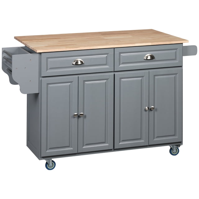 Chariot Îlot de Cuisine Roulant avec Rangement et Rallonge Rabattable - Comptoir en Hévéa Gris, Tablettes Ajustables, Îlot de Cuisine et de Salle à Manger, 57,5” x 29,3”