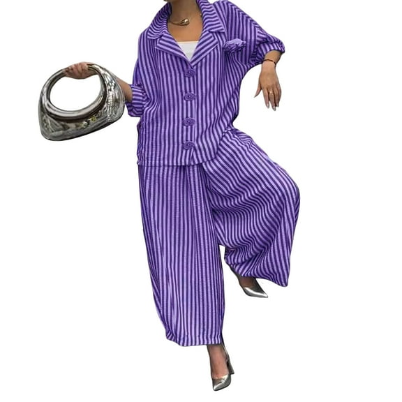 2 Pcs/Set Women Shirt Pants Set Striped Print Single-breasted Turn-down Collar Big Buttons Blouse Elastic Waist Wide Leg Trousers Set Casual Daily Wear Outfit