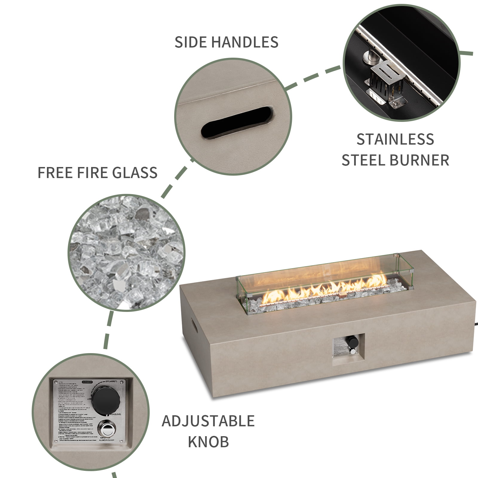 VENTOPYR Outdoor Rectangular Propane Fire Pit Table, Terrazzo Gray Concrete Finish, 50,000 BTU Stainless Steel Burner with Glass Wind Guard, Rain Cover