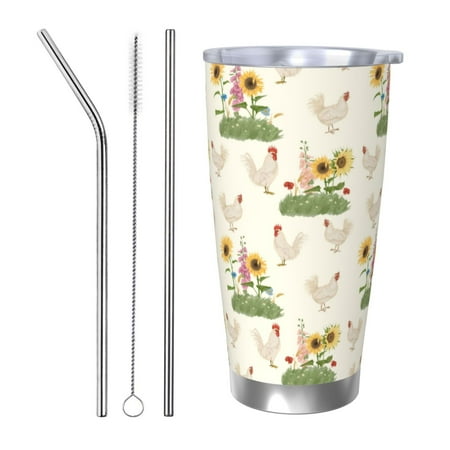 

Logiee Flowers And Hens Print 20OZ Car Cup with Lid Stainless Steel Vacuum Insulated Double Wall Travel Tumbler Durable Insulated Coffee Mug Thermal Cup with Straw-Straw Three-piece Set