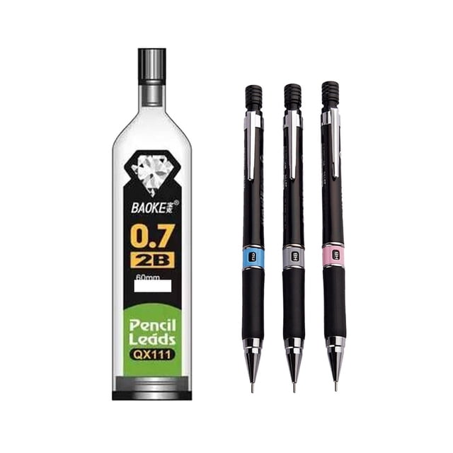 KAKOWELY 6pcs Mechanical Pencil Refill Sets Simple Writing Tool for Home School Outdoor (3pcs 0.7mm Mechanical Pencil, 3pcs 2B 0.7mm Refill),5.51"X0.31"X0.31"