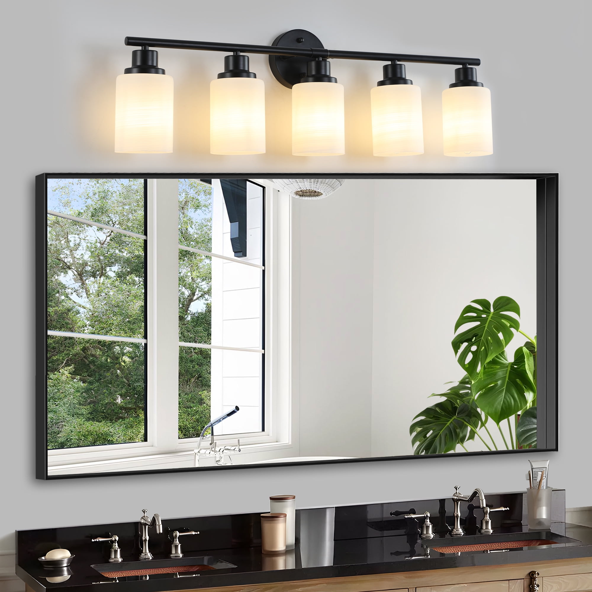 31" 5-Light Vanity Mirror Light - Bathroom & Makeup Wall Sconce for Bedroom, Dressing Room – Frosted White Glass, Black Iron Frame (Bulb Not Included | Model: L001010-W5B)